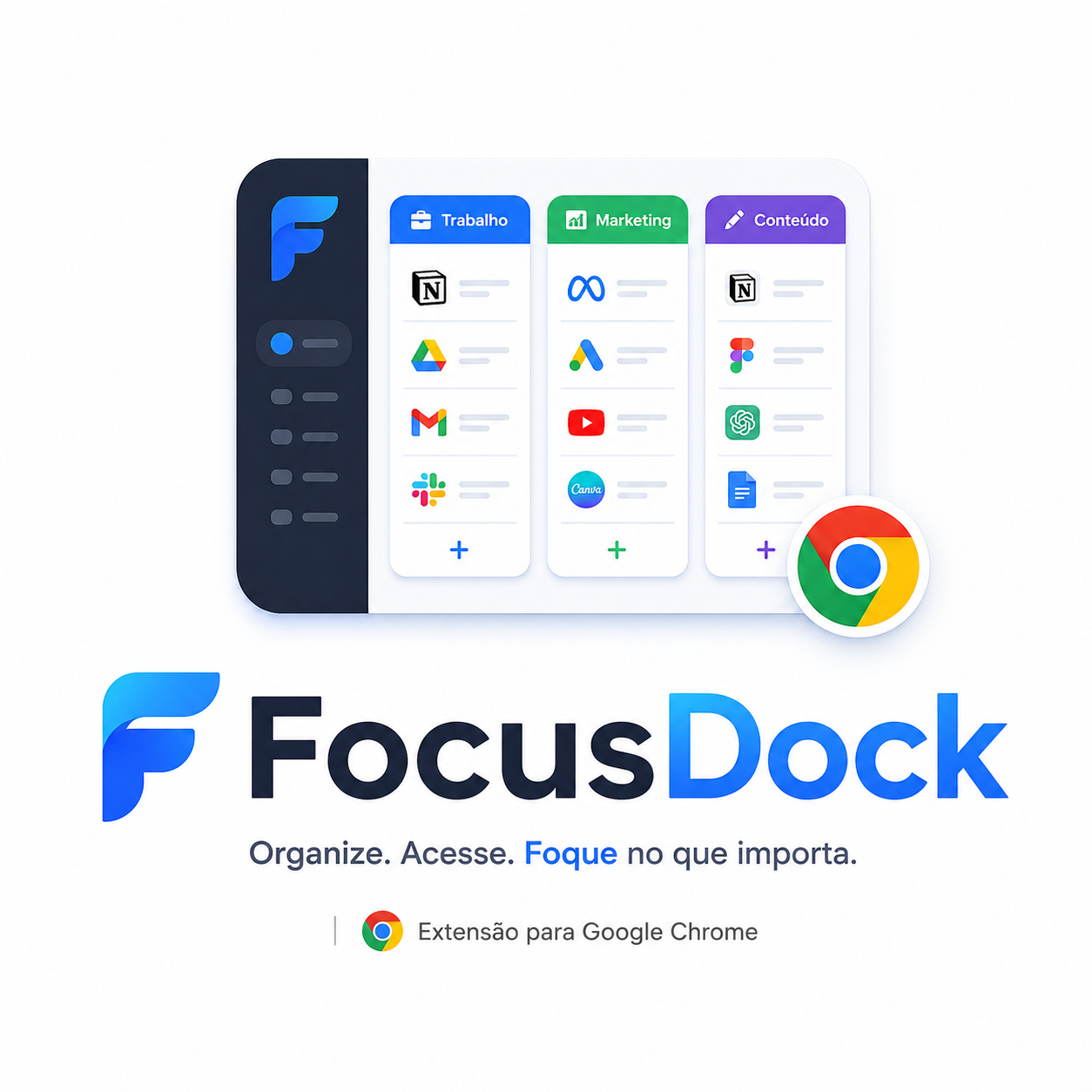 FocusDock — extensão para Google Chrome com colunas Trabalho, Marketing e Conteúdo